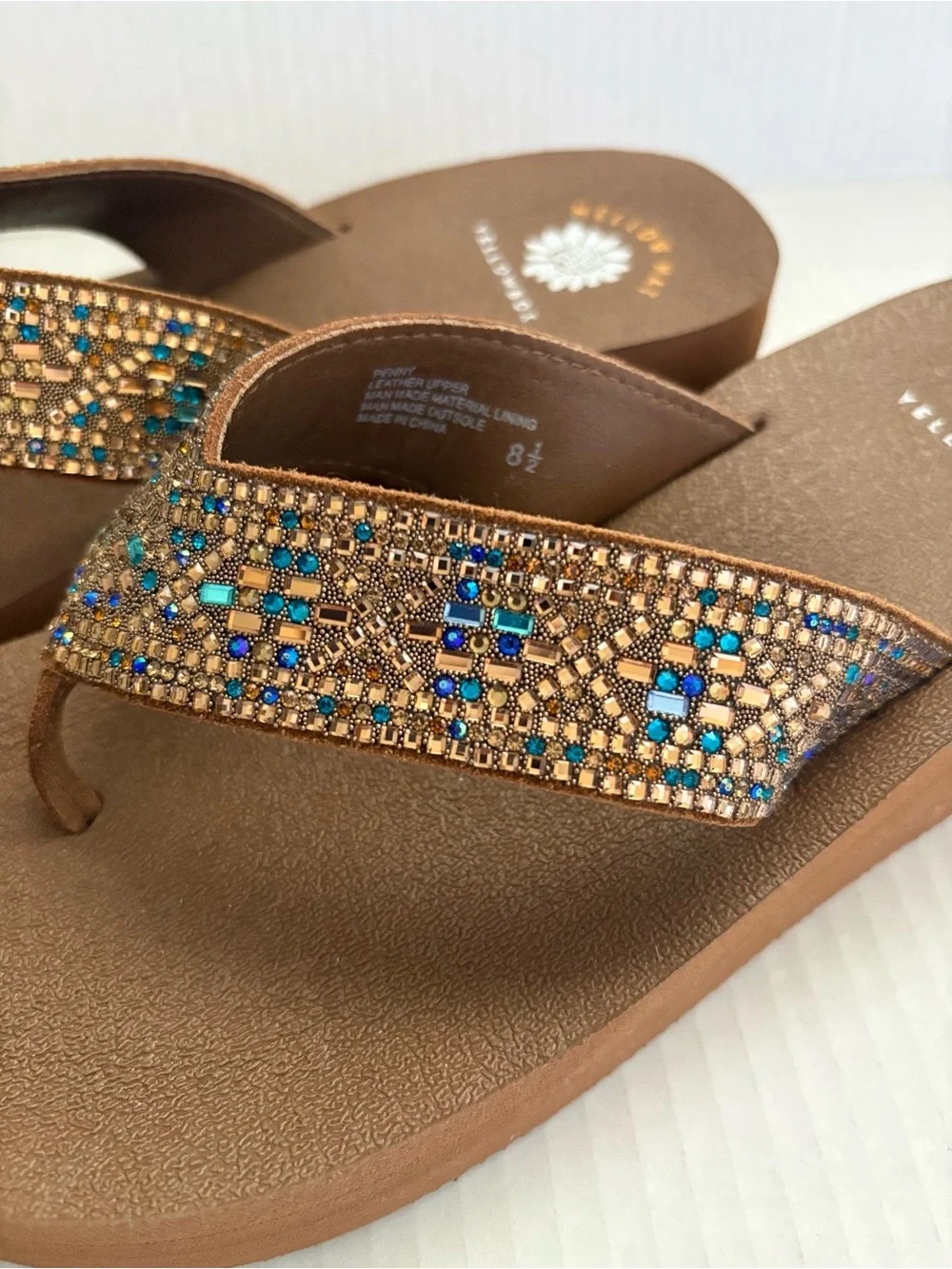 Yellow Box Penny flatform sandals blue & gold beaded detailing leather strap 8.5 - Picture 2 of 8